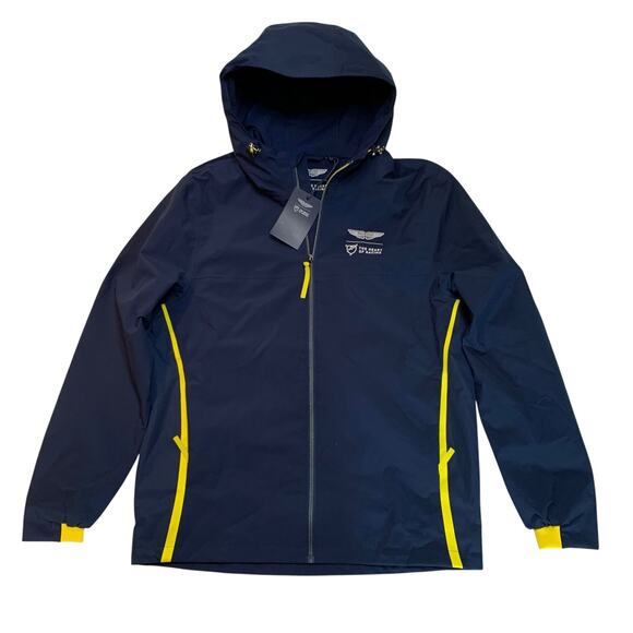 NWT Aston Martin Rain Jacket The Heart of Racing Navy Yellow Unisex Adult Mens M